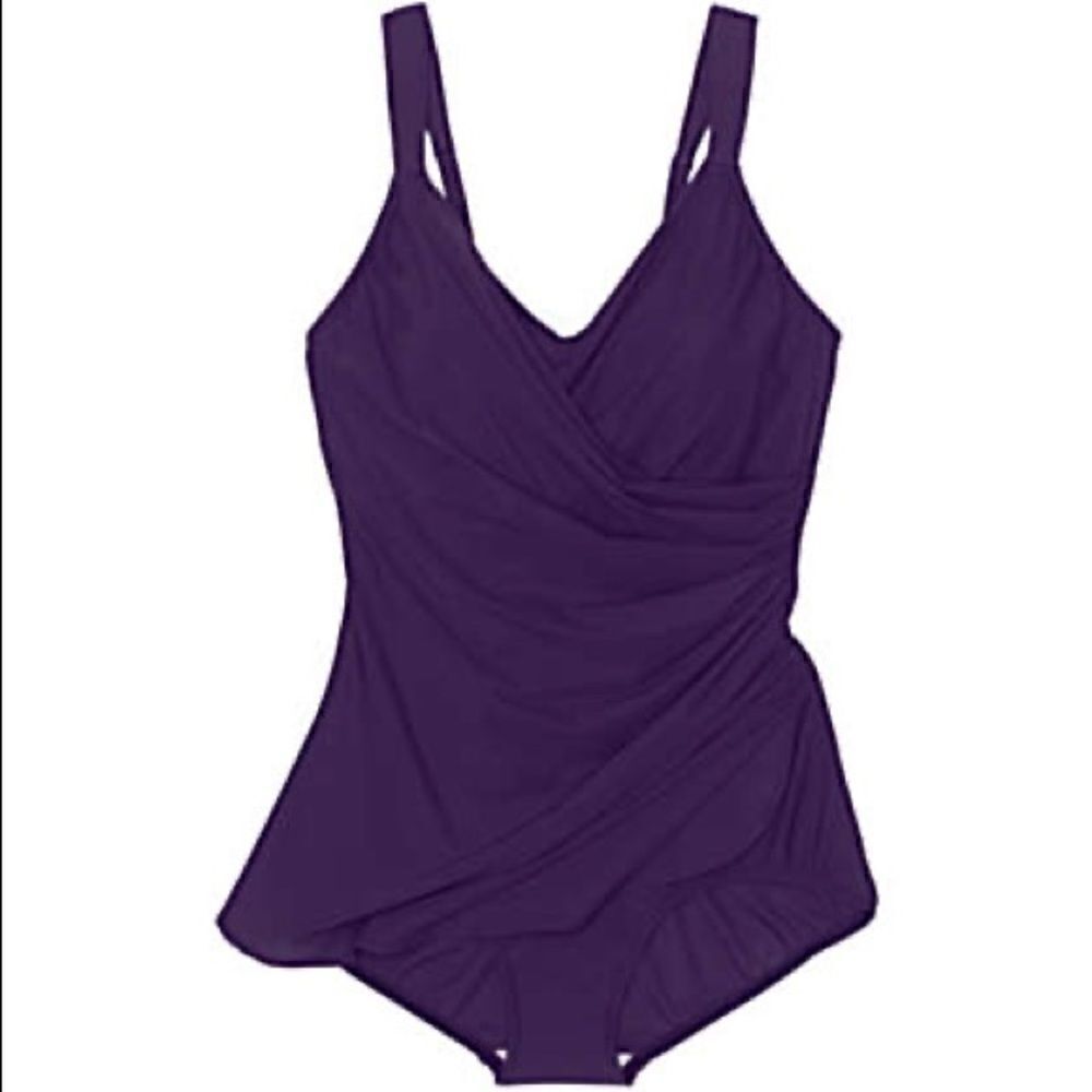 Land’s End Plus Standard Size Slender Vneck skirted onepiece Blackberry Various - Picture 7 of 9